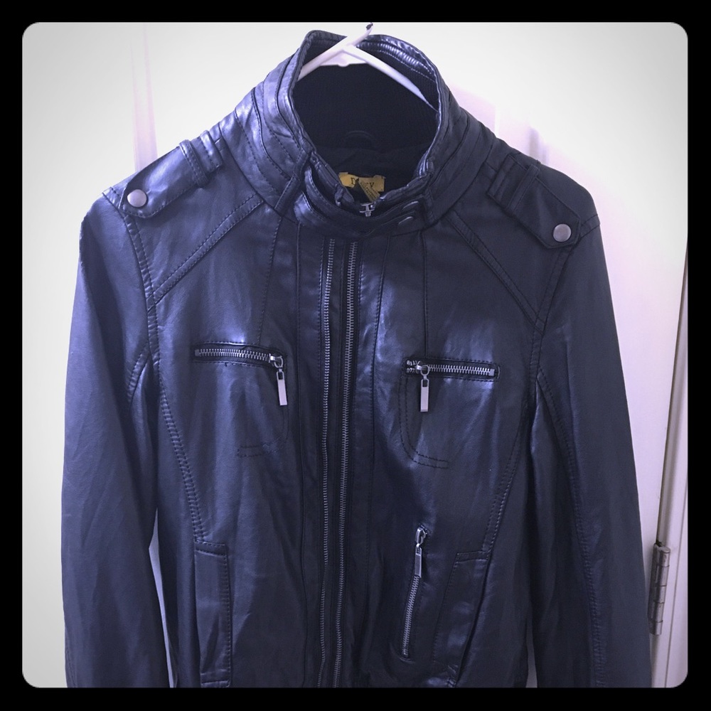 Black faux leather long sleeve coat.